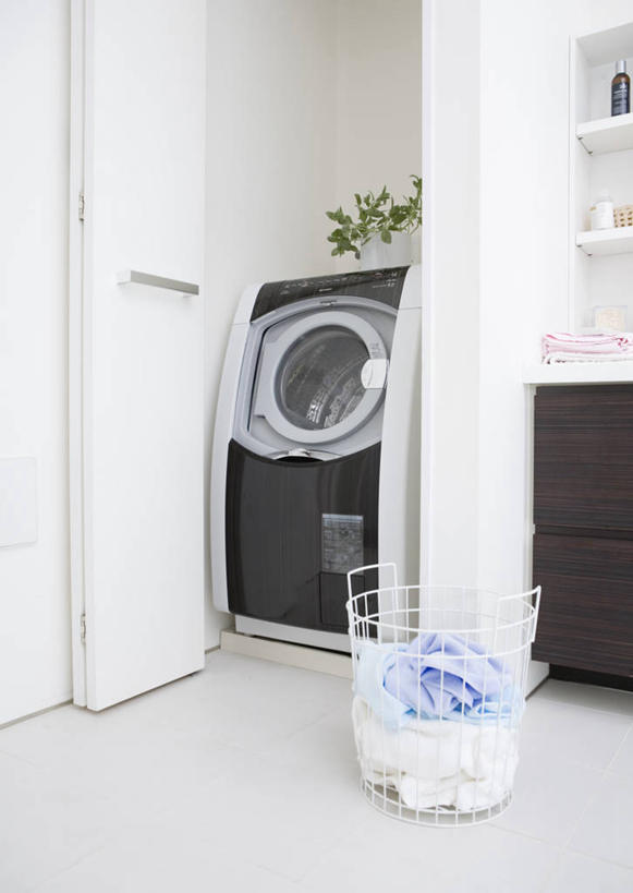 无人,竖图,室内,白天,正面,植物,电器,篮子,盆栽,塑料,墙,盆景,墙壁,墙面,绿色,白色,自然,容器,塑料制品,洗衣机,生长,成长,储藏,家电,家用电器,滚筒洗衣机,储存,清洗,洗涤,彩图,贮存