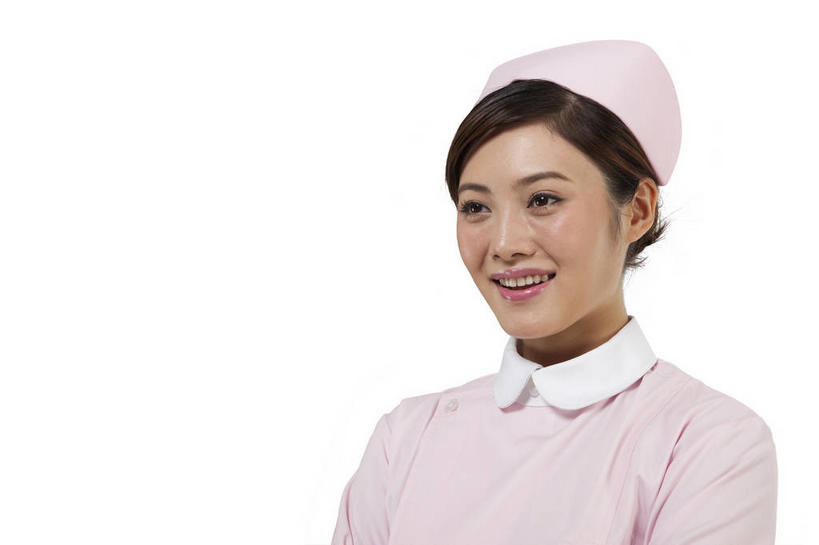 东方人,一个人,护士,笑,微笑,露齿笑,横图,室内,白天,白色背景,正面