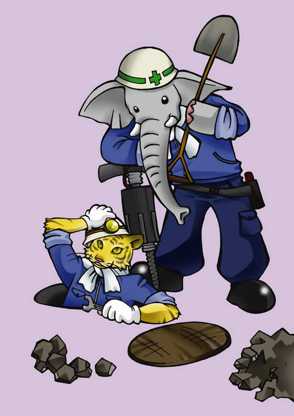 无人,机修工,站,竖图,插画,室内,白天,正面,数码,科技,豹子,大象,野生动物,阴影,紫色背景,网络,铲子,盖子,下水道,泥土,高光,几何,计算机图形,合成,图画,画,工人,动物,站着,两只,电脑合成图,数码合成图,金钱豹,凶猛,漫画,写实,具体,具象,文豹,残暴,凶残,机械师,机修工人,花豹,豹,站立,彩图,全身