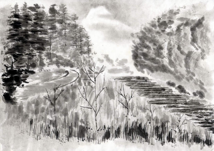 无人,横图,黑白,室内,白天,正面,绘画,美景,山,树林,植物,楼梯,许多,艺术,阶梯,景观,山峰,山峦,古典,文化,台阶,树,树木,绿色,自然,工艺品,品味,景色,生长,成长,美术,高雅,自然风光,国画,水墨画,美学,水墨