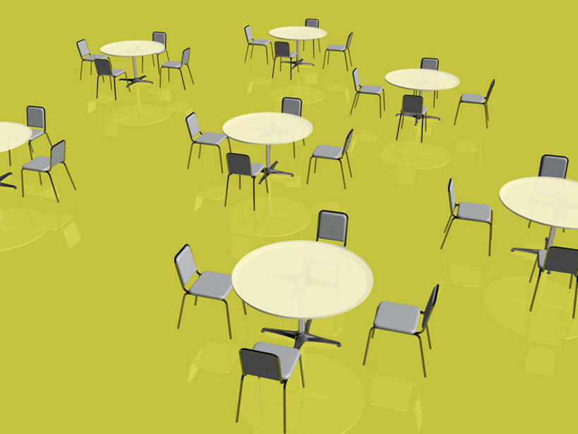 无人,餐厅,横图,俯视,室内,白天,数码,科技,餐桌,桌子,椅子,一排,许多,阴影,黄色背景,整齐,网络,木椅,高光,几何,计算机图形,合成,排列,餐台,电脑合成图,数码合成图,队列,写实,具体,具象,彩图,高角度拍摄,餐馆,饭店,饭馆