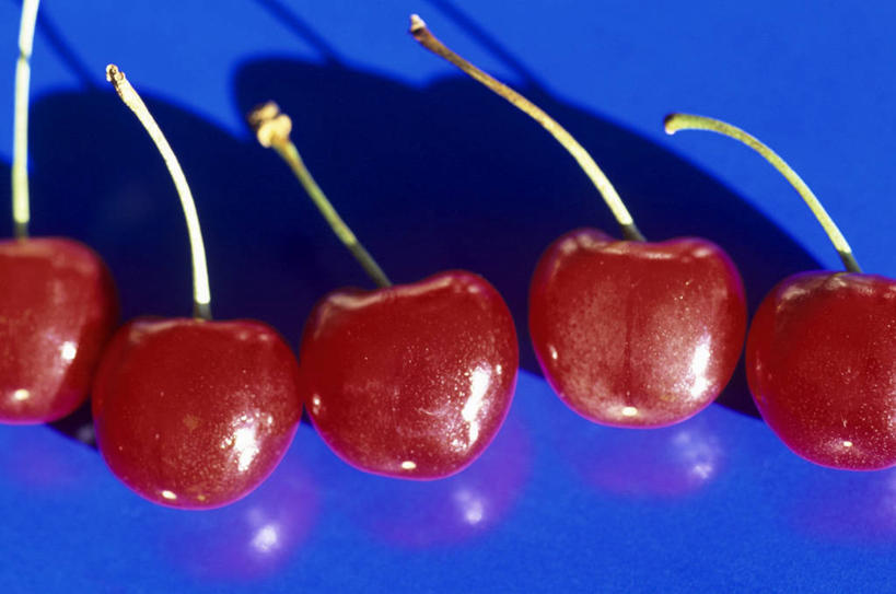 无人,横图,俯视,室内,特写,白天,餐桌,桌子,樱桃,水果,一排,阴影,蓝色背景,新鲜,整齐,反射,影子,生食,食品,果实,食物,排列,红色,摄影,有机食品,绿色食品,影棚,餐台,队列,五颗,樱珠,莺桃,英桃,楔桃,牛桃,荆桃,彩图,高角度拍摄,影棚拍摄,拍摄