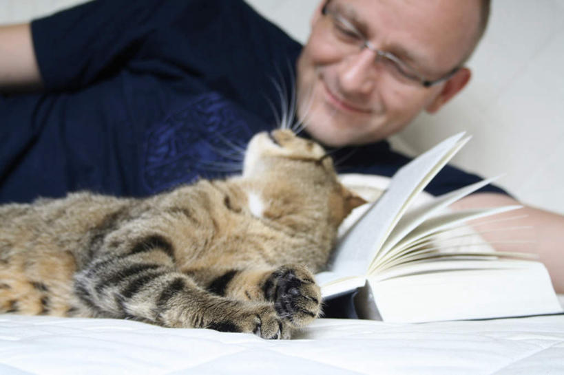 西方人,一个人,客厅,躺,横图,室内,白天,正面,T恤衫,沙发,宠物,猫,书籍,欧洲,欧洲人,仅一个男性,仅一个人,仅一个中年男性,一本,撑,服装,眼镜,墙,T恤,托腮,休闲装,墙壁,墙面,一只,衣服,蓝色,白色,动物,打开,托,休闲,休闲服,可爱,服饰,起居室,开启,托下巴,猫咪,近视眼镜,布艺沙发,客堂,卧着,男人,男性,中年男性,白种人,书,图书,躺着,卧,半身,彩图