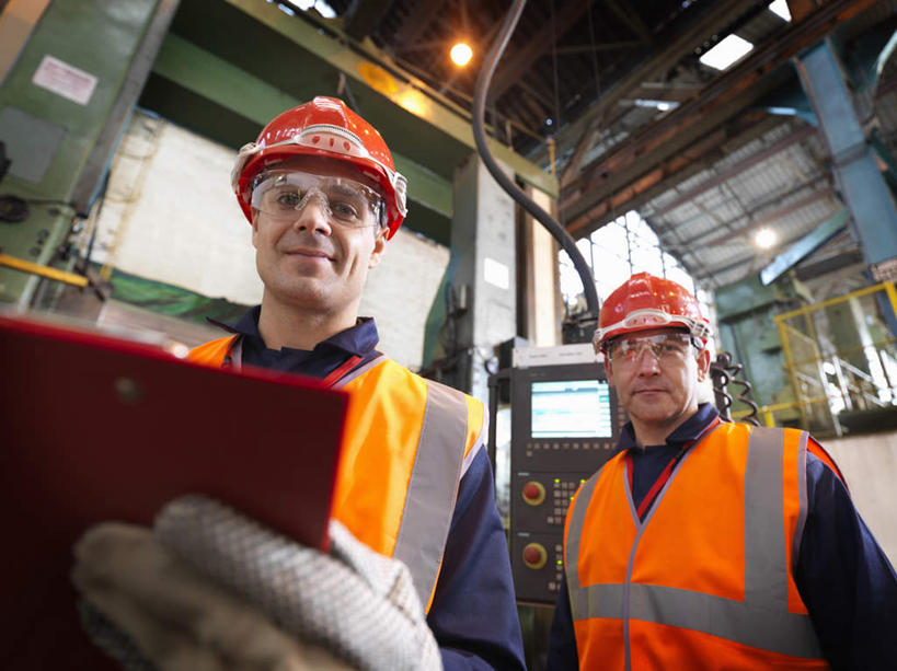 西方人,两个人,伙伴,朋友,机修工,工厂,站,笑,微笑,横图,室内,白天,仰视,工作服,制服,友谊,安全,合作,团队,机器,帽子,照明,欧洲,欧洲人,握,阴影,光线,材料,档案,头盔,文件,眼镜,影子,纸,灯光,防护,拿,拿着,注视,顶灯,灯,工人,安全帽,手稿,手套,资料,灯具,观察,看,站着,机械,战略,握着,观看,护目镜,保护,证明,照亮,察看,照明设备,关注,文档,保险,保全,周全,安稳,安定,联合,合谋,防护手套,安全防护眼镜,工作制服,配合,平安,协作,男人,男性,中年男性,白种人,机械师,机修工人,站立,半身,彩图,低角度拍摄,工作套服,工地,制造厂,安全服,反光背心,反光服,反光衣,防护眼镜