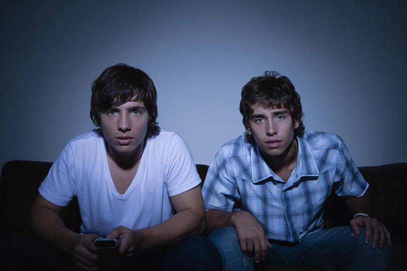 西方人,两个人,伙伴,朋友,客厅,坐,横图,室内,白天,正面,友谊,沙发,欧洲,欧洲人,握,阴影,服装,反射,影子,墙,拿,拿着,注视,休闲装,墙壁,墙面,衣服,遥控器,观察,看,休闲,休闲服,握着,服饰,观看,害怕,察看,起居室,恐怖,胆怯,关注,布艺沙发,可怕,可骇,畏惧,客堂,恐惧,友情,男人,男性,年轻男性,白种人,坐着,半身,彩图