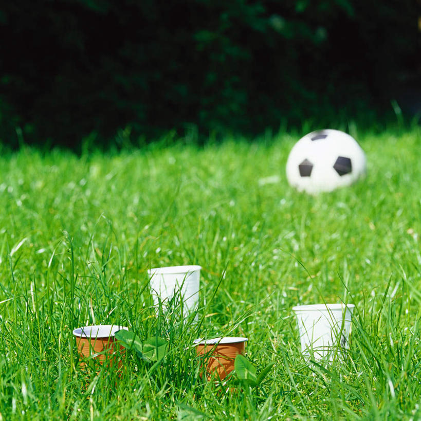 无人,方图,俯视,室外,特写,白天,足球,草地,草坪,树林,植物,静物,杯子,足球装备,运动器械,草,树,树木,排列,一个,绿色,自然,纸制品,四个,健身器械,生长,单个,成长,纸杯,队列,一次性杯子,健身器材,蹴鞠,足球运动,彩图,高角度拍摄,运动器材