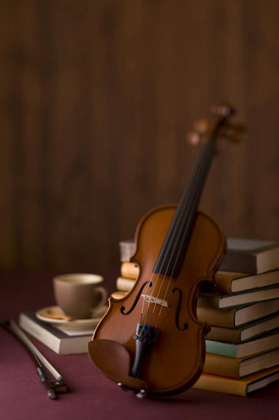 无人,竖图,室内,特写,白天,正面,桌子,静物,杯子,书籍,一把,一堆,许多,堆叠,堆积,朦胧,模糊,瓷器,墙,咖啡杯,乐器,陶瓷制品,弦乐器,小提琴,书桌,墙壁,墙面,一个,课桌,单个,堆,弓拉弦乐器,弓拉弦鸣乐器,瓷杯,书,图书,彩图