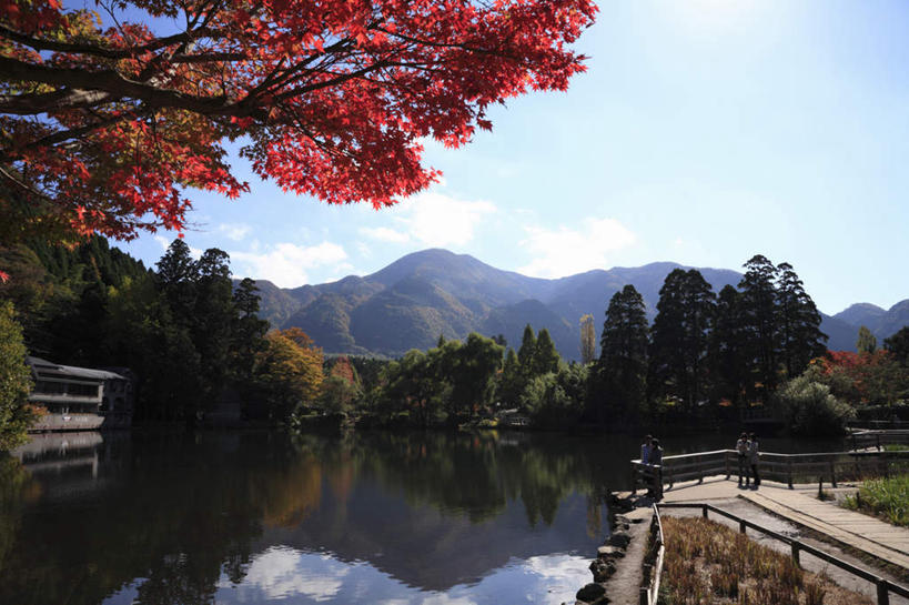 无人,栏杆,横图,室外,白天,正面,旅游,度假,湖,湖泊,美景,秋季,山,山脉,树林,水,植物,大分县,日本,亚洲,许多,阴影,光线,影子,湖面,景观,山峰,水流,水面,云,云朵,围栏,山峦,云彩,娱乐,护栏,树,树木,红色,蓝色,绿色,白云,蓝天,天空,阳光,自然,湖水,群山,天,享受,休闲,景色,放松,生长,成长,自然风光,东亚,日本国,九州本岛,九州,九州岛,九州地方,大分,秋,秋天,彩图