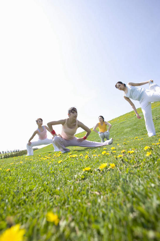 东方人,四个人,伙伴,朋友,站,蹲,竖图,室外,白天,仰视,锻炼,友谊,运动,草地,草坪,植物,亚洲,伸展,服装,盛开,花蕾,注视,休闲装,黄种人,草,花,花瓣,花朵,鲜花,衣服,蓝色,绿色,蓝天,天空,天,花苞,花蕊,观察,看,站着,休闲,休闲服,服饰,观看,察看,关注,热身,体育,友情,年轻女性,女人,女性,亚洲人,蹲着,站立,半身,彩图,低角度拍摄,健身