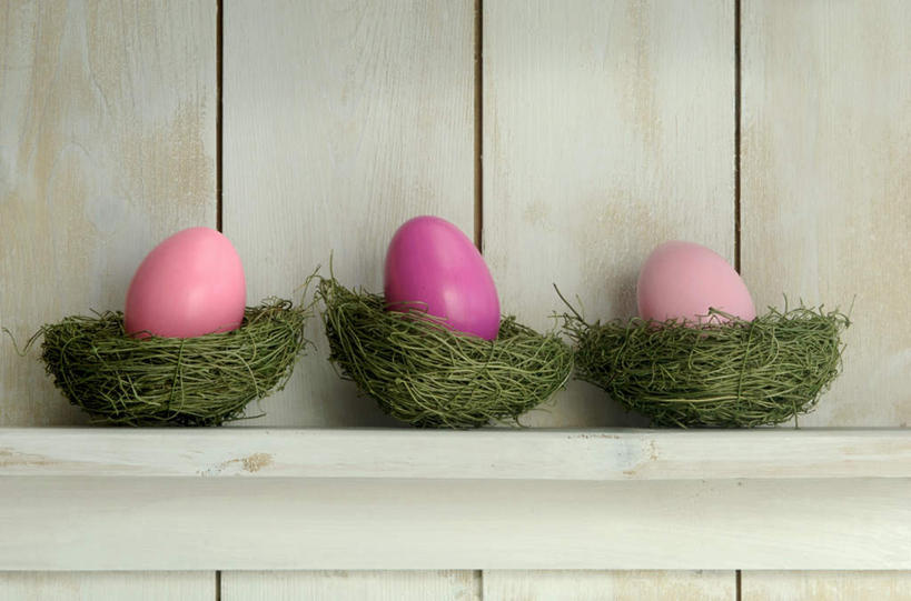 无人,横图,室内,特写,白天,正面,草地,植物,复活节,一排,节日,庆祝,整齐,木制,鸟巢,墙,蛋,文化,墙壁,墙面,草,排列,三个,粉色,绿色,木制品,庆典,纪念,队列,彩蛋,复活节彩蛋,彩图