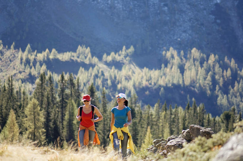 西方人,两个人,伙伴,朋友,站,走,笑,微笑,露齿笑,横图,室外,白天,正面,友谊,草地,草坪,森林,山,山脉,树林,植物,帽子,欧洲,欧洲人,戴,服装,墨镜,眼镜,山顶,山峰,山峦,注视,休闲装,草,树,树木,衣服,绿色,自然,太阳镜,太阳眼镜,遮阳帽,群山,观察,看,站着,休闲,休闲服,遮阳镜,服饰,生长,成长,观看,察看,关注,友情,年轻女性,女人,女性,白种人,步行,散步,站立,走路,彩图,全身