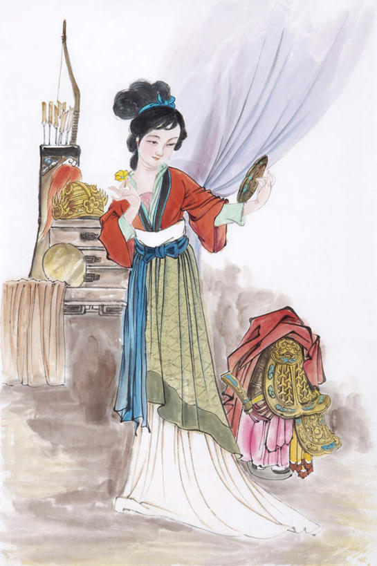 东方人,一个人,无人,站,竖图,插画,室内,白天,正面,民族服装,化妆,美容,数码,科技,窗帘,镜子,桌子,帽子,亚洲,仅一个女性,仅一个人,握,阴影,装饰,反射,网络,头饰,高光,几何,计算机图形,合成,图画,注视,黄种人,发簪,腰带,画,蓝色,帘子,发饰,饰品,观察,看,站着,仅一个中年女性,遮阳,握着,观看,华丽,修饰,点缀,电脑合成图,数码合成图,镜像,察看,梳妆镜,合成图,镜面,关注,漫画,将军,配饰,花木兰,写实,具体,具象,光学,衬托,美观,雅致,雅观,簪子,英雄,袍子,女人,女性,中年女性,亚洲人,站立,彩图,全身,传统服装,民俗服,孝烈将军,女中丈夫,女中豪杰,女将,巾帼英雄,巾帼须眉