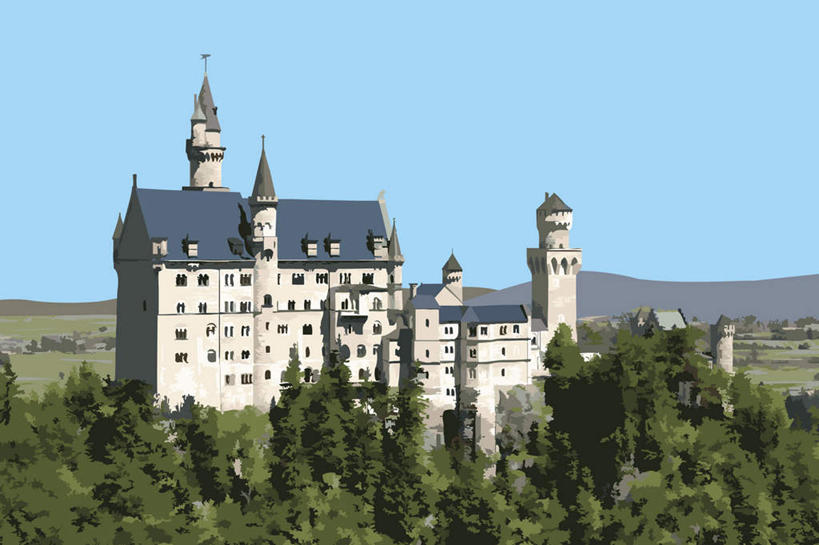 无人,横图,插画,室内,白天,正面,旅游,度假,数码,科技,森林,树林,植物,标志建筑,地标,建筑,德国,欧洲,阴影,光线,网络,影子,堡垒,城堡,高光,几何,计算机图形,合成,图画,娱乐,建设,新天鹅堡,画,树,树木,蓝色,绿色,蓝天,天空,阳光,自然,天,享受,休闲,旅游胜地,放松,生长,晴朗,成长,电脑合成图,数码合成图,合成图,西欧,要塞,漫画,万里无云,德意志联邦共和国,新天鹅城堡,写实,具体,具象,巴伐利亚,巴伐利亚州,拜恩州,拜恩自由州,设防,晴空,晴空万里,彩图