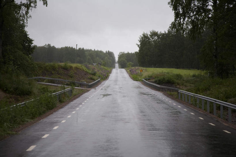 无人,栏杆,横图,室外,白天,正面,草地,草坪,树林,雨,植物,暴雨,大雨,道路,路,公路,金属制品,金属,云,云朵,围栏,交通,云彩,护栏,草,树,树木,绿色,自然,生长,成长,细雨,乌云密布,小雨,马路,彩图