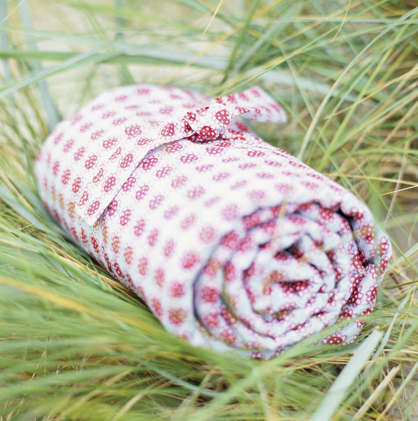 无人,竖图,俯视,室外,特写,白天,草地,草坪,植物,阴影,光线,方格,格子,影子,坐垫,草,粉色,绿色,白色,阳光,野餐垫,野餐地毯,多功能毯,彩图,高角度拍摄