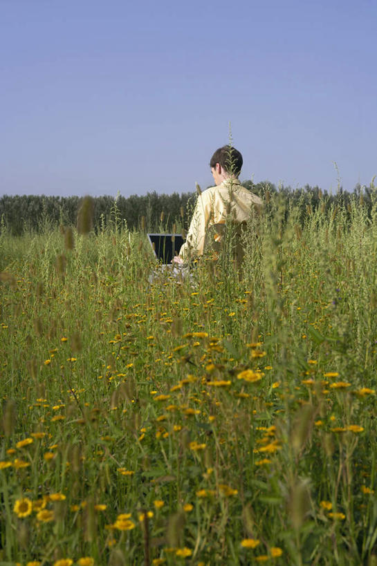 冲浪,一个人,坐,竖图,侧面,仰视,笔记本电脑,森林,北京,中国,亚洲,裤子,郊区,绿色,春天,看,摄影,年轻男性,彩图,低角度拍摄,白色人种
