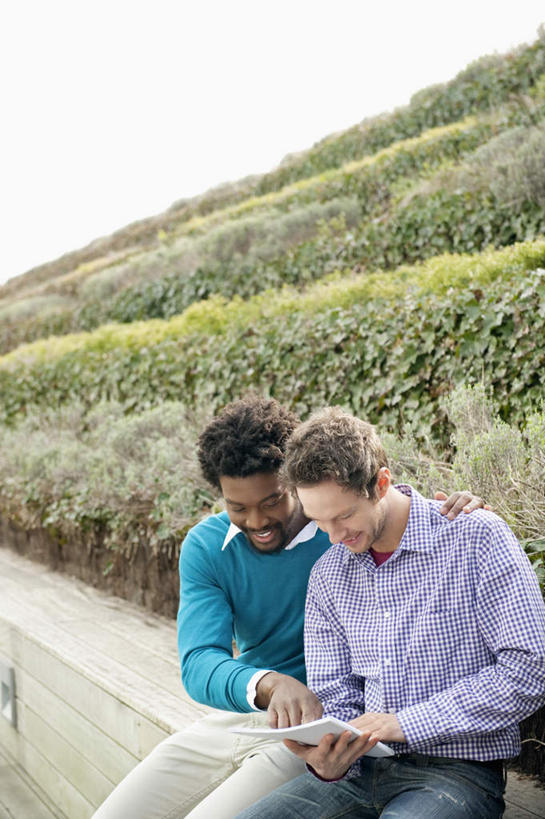 西方人,两个人,伙伴,朋友,坐,笑,微笑,露齿笑,竖图,室外,白天,正面,友谊,合作,团队,植物,欧洲,非洲,黑人,欧洲人,握,服装,材料,档案,文件,纸,拿,拿着,注视,休闲装,树,树木,衣服,绿色,自然,手稿,资料,观察,看,休闲,休闲服,战略,握着,服饰,生长,成长,观看,证明,察看,关注,文档,联合,合谋,配合,协作,男人,男性,年轻男性,白种人,非洲人,坐着,半身,彩图