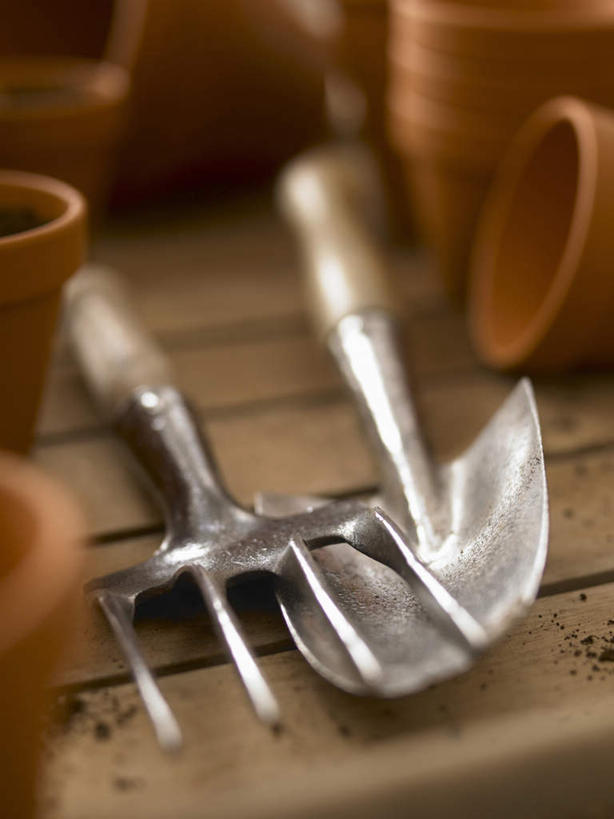 无人,竖图,俯视,室内,特写,白天,植物,金属制品,朦胧,模糊,金属,铲子,盆栽,泥土,土壤,棕色,盆景,绿色,自然,生长,成长,彩图,高角度拍摄