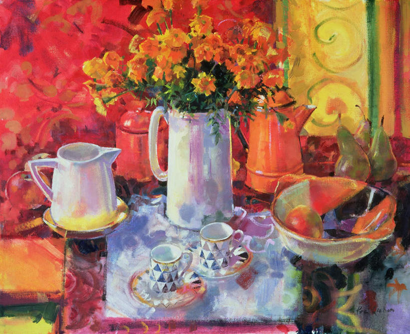 无人,横图,俯视,室内,白天,绘画,餐桌,桌子,梨,杯子,水果,油画,新鲜,艺术,装饰,盛开,布料,瓷器,壶,生食,食品,果实,咖啡杯,陶瓷制品,古典,花蕾,布纹,文化,水壶,桌布,花,花瓣,花朵,鲜花,食物,黄色,餐巾,茶壶,容器,工艺品,台布,花苞,花蕊,品味,香梨,有机食品,绿色食品,餐台,华丽,修饰,美术,点缀,高雅,瓷杯,美学,衬托,美观,雅致,雅观,生梨,彩图,高角度拍摄