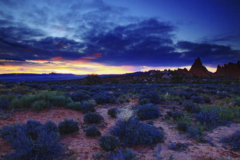 无人,横图,室外,日落,沙漠,云,蓝色,摄影,拱门国家公园,犹他,彩图,山艾树