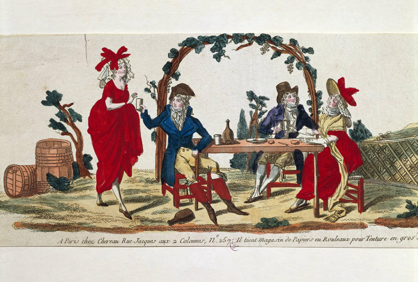 葡萄酒,成年人,四个人,坐,横图,插画,室外,白天,民族服装,数码,科技,植物,桌子,帽子,喝,阴影,网络,酒桶,高光,几何,计算机图形,合成,图画,画,饮料,摄影,生活方式,电脑合成图,数码合成图,合成图,漫画,法国文化,18世纪,写实,具体,具象,露天咖啡馆,男人,女人,彩图,传统服装,民俗服