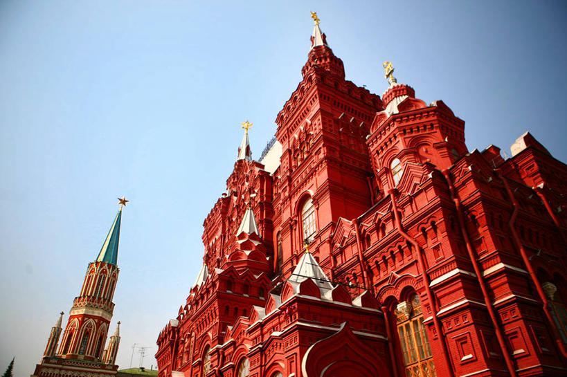 无人,博物馆,横图,室外,白天,仰视,建筑,俄罗斯,首都,历史,红色,摄影,莫斯科,万里无云,彩图,低角度拍摄