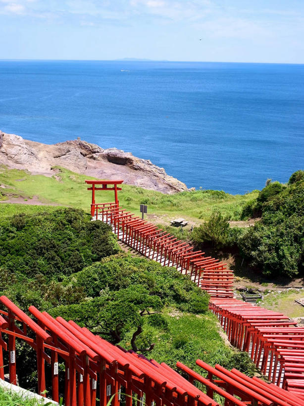 无人,竖图,室外,白天,海洋,植物,日本,日本文化,鸟居,水平线,云,草,树,红色,自然,摄影,宁静,岩石,彩图