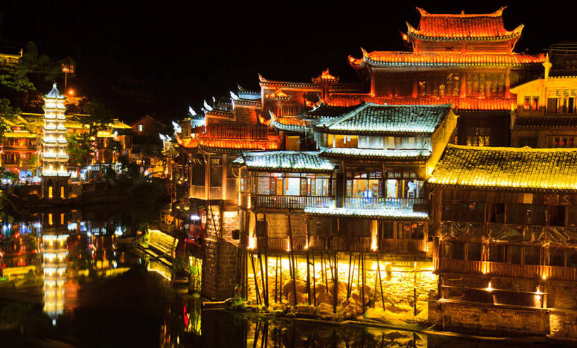 无人,横图,室外,夜晚,河流,建筑,反射,历史,天空,摄影,照亮,湖南省,彩图