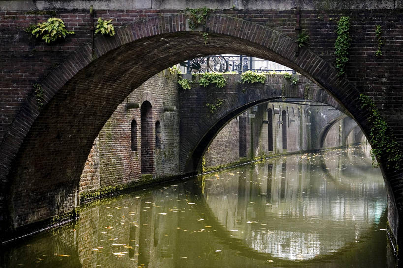 无人,横图,室外,白天,建筑,荷兰,墙,流水,拱门,古城,桥,砖墙,摄影,运河
