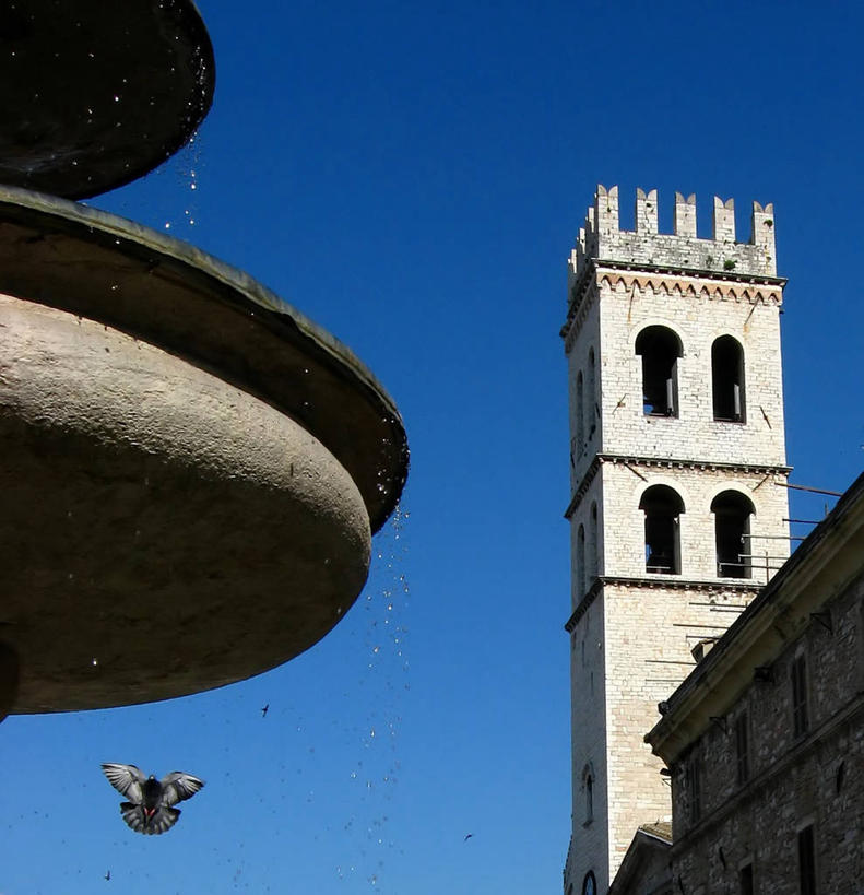 无人,竖图,室外,白天,建筑,喷泉,意大利,塔,半空,飞,摄影,万里无云,阿西西,彩图