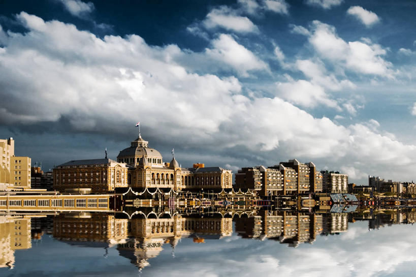 无人,横图,室外,白天,水,天际线,建筑,荷兰,反射,云,宏伟,摄影,宁静,彩图,斯海弗宁恩