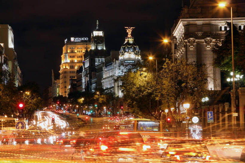 无人,横图,室外,夜晚,镜头眩光,长时间曝光,街道,路灯,首都,马德里,摄影,彩图