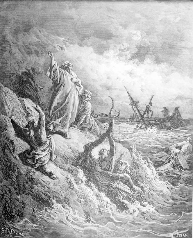 成年人,老年人,画家,站,竖图,黑白,插画,室外,白天,绘画,数码,科技,海洋,暴风雨,马耳他,阴影,艺术,网络,高光,几何,计算机图形,古典,合成,图画,文化,画,工艺品,品味,手势,美术,电脑合成图,数码合成图,高雅,基督教,合成图,漫画,写实,具体,具象,美学,神迹,失事,古斯塔夫.多雷,老年男性,男人,浪漫主义,打手势