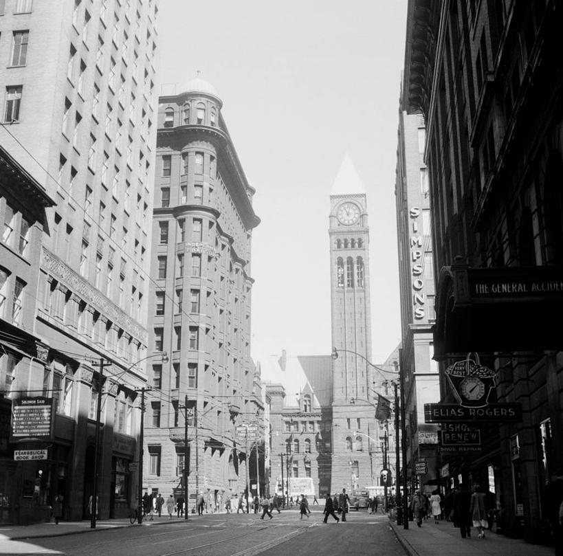 横图,方图,黑白,室外,白天,城市,建筑,街道,加拿大,钟塔,摄影,市政厅,多伦多,金融区