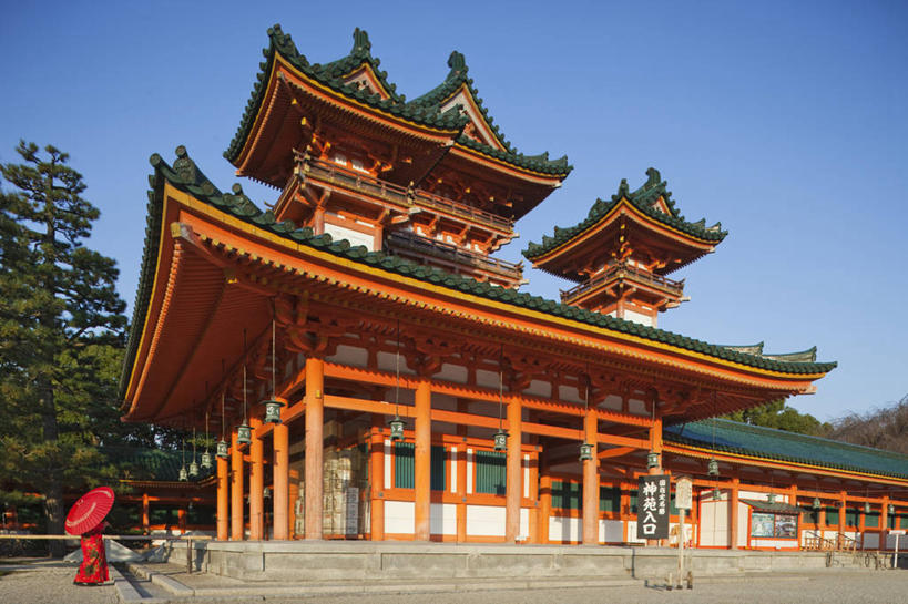 无人,横图,室外,白天,仰视,建筑,京都,日本,亚洲,节日,日本文化,柱子,屋檐,文化,宝塔,树,天空,祈祷,健康,许愿,摄影,宗教,信仰,京都府,纪念,神道,祈求,神殿,东亚,本州,本州岛,日本国,近畿地方,平安神宫,近畿,神道教,灵性,平安,彩图,低角度拍摄