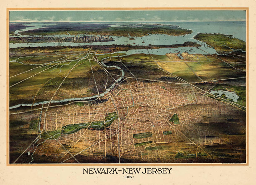 无人,横图,俯视,地图,历史,古董,纽瓦克,新泽西,彩图,高角度拍摄