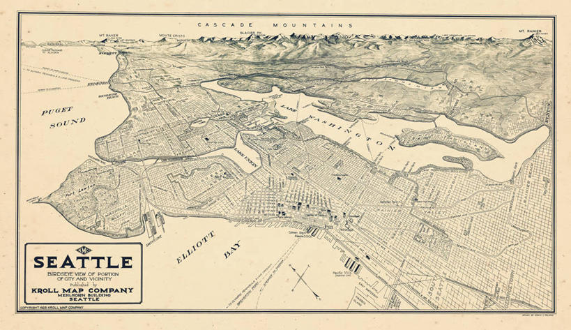 无人,横图,俯视,地图,历史,古董,华盛顿州,西雅图,彩图,高角度拍摄