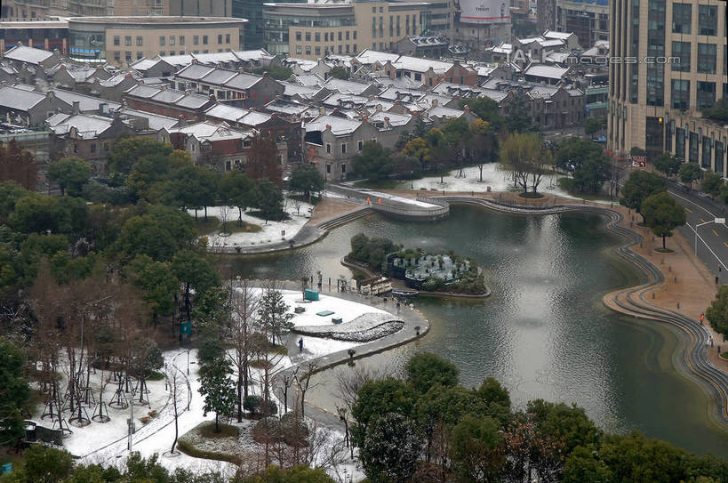 上海,中国,亚洲,房屋,屋子,湖面,积雪,景观,水流,水面,雪景,冬季,冬天