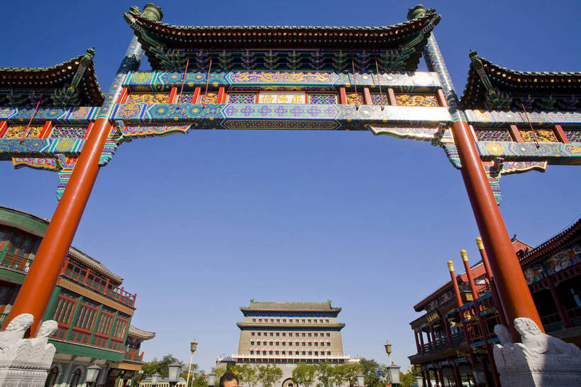 无人,横图,彩色,室外,特写,白天,旅游,度假,名胜古迹,标志建筑,地标,建筑,北京,中国,亚洲,遗迹,牌坊,古迹,文物,娱乐,建设,古建筑,树,蓝天,享受,休闲,旅游胜地,放松,摄影,城楼,古代建筑,前门,古文明,东亚,中华人民共和国,旅行,大栅栏,传统文化,bj174